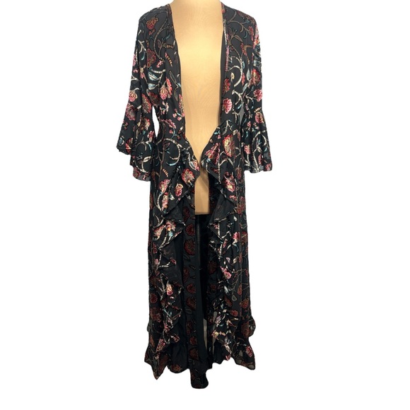 Anthropologie Talisman Black Multicolor Velvet Floral V neck Wrap Midi Dress - Picture 8 of 16